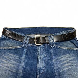 Y2k multi hole brown and silver hardware  leather belt